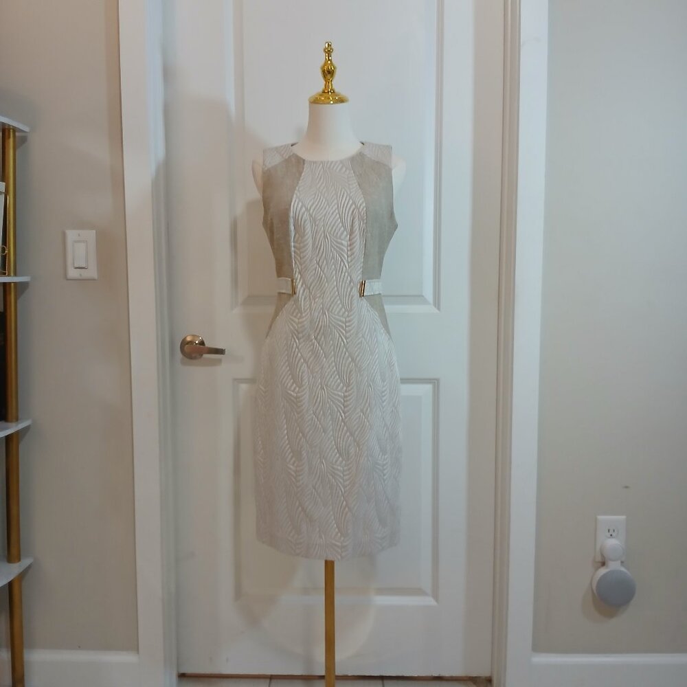 Calvin Klein Jacquard Sheath Dress Women’s Size 6 Beige Sleeveless - Like New